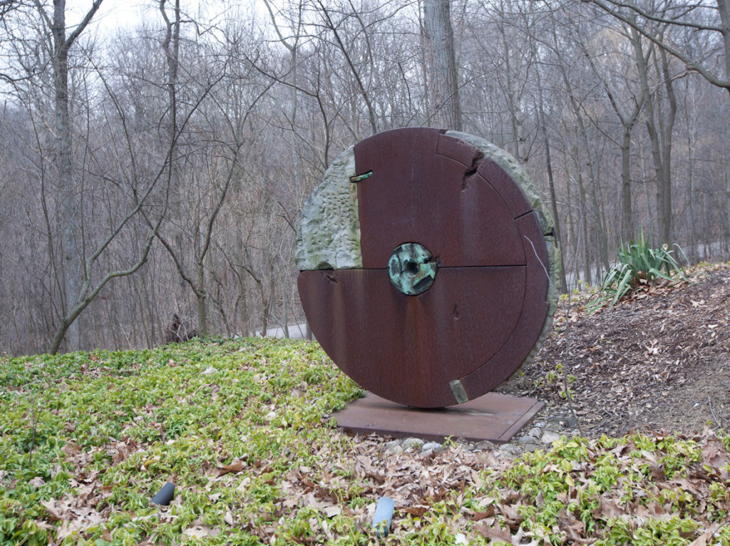 Tom Phardel, Disc, 65x60x6, 1992; steel, stone and bronze.