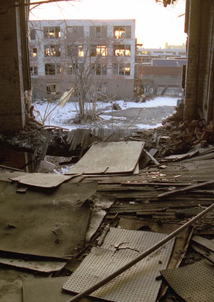 With this improvised ramp behind a demolished wall, a scrapper has created an exit from the Studebaker Corporation complex. All images courtesy of Scott Hocking.