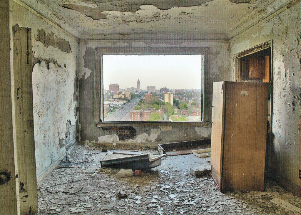 "Looking east out of one of Lee Plaza’s gaping windows towards the landmarks in Detroit’s New Center neighborhood..."